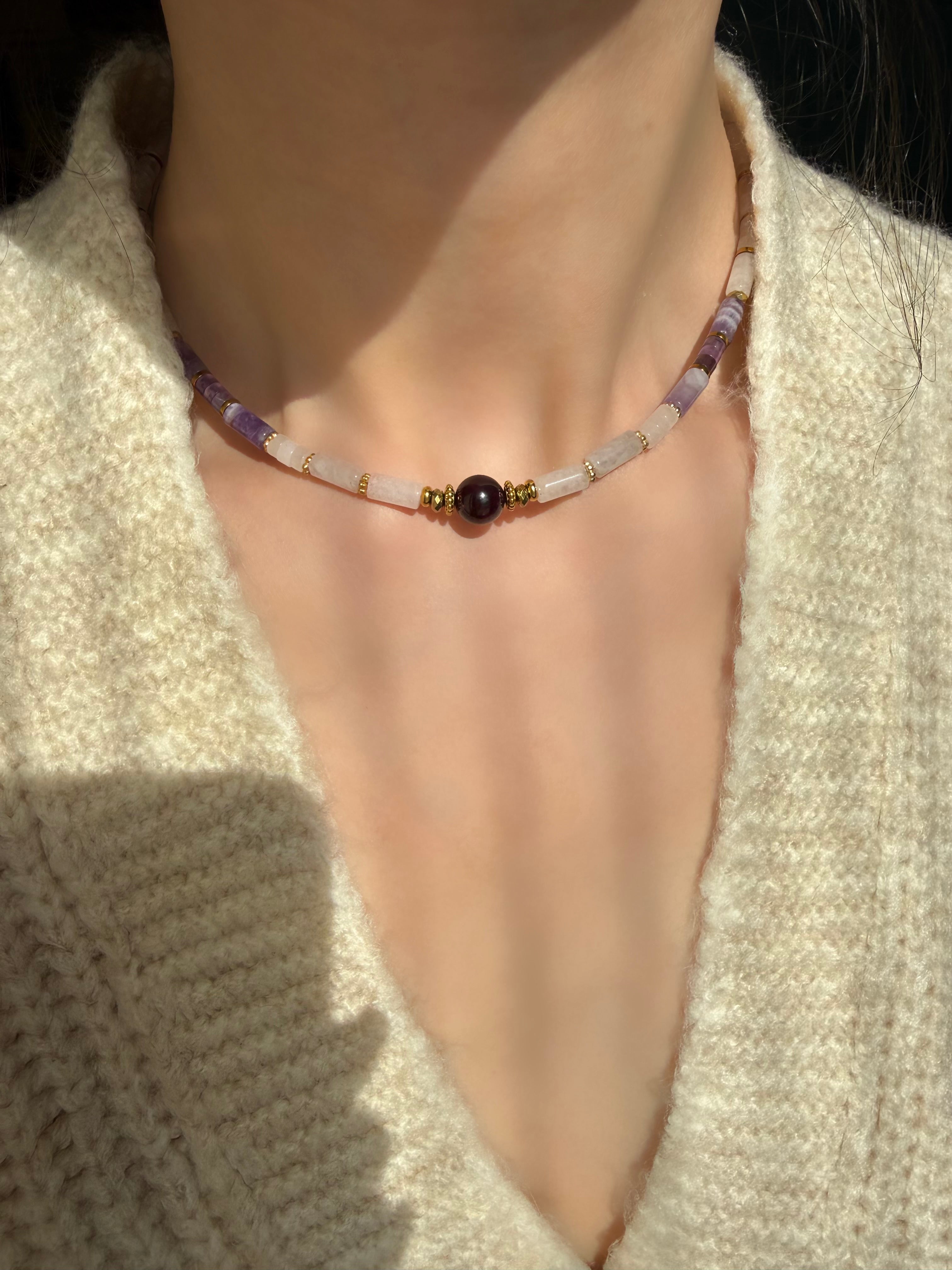 Ametist-Lal-Pembe Kuvars Kolye