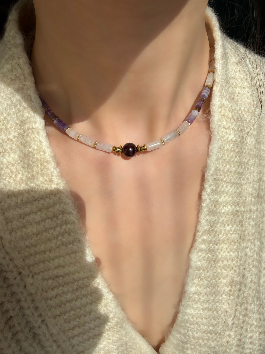 Ametist-Lal-Pembe Kuvars Kolye