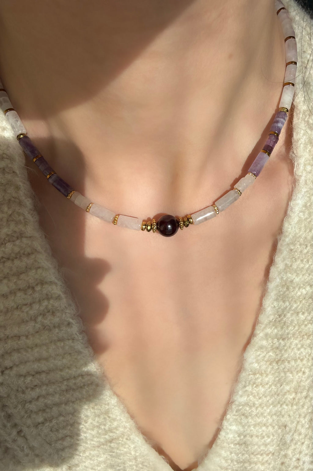 Ametist-Lal-Pembe Kuvars Kolye