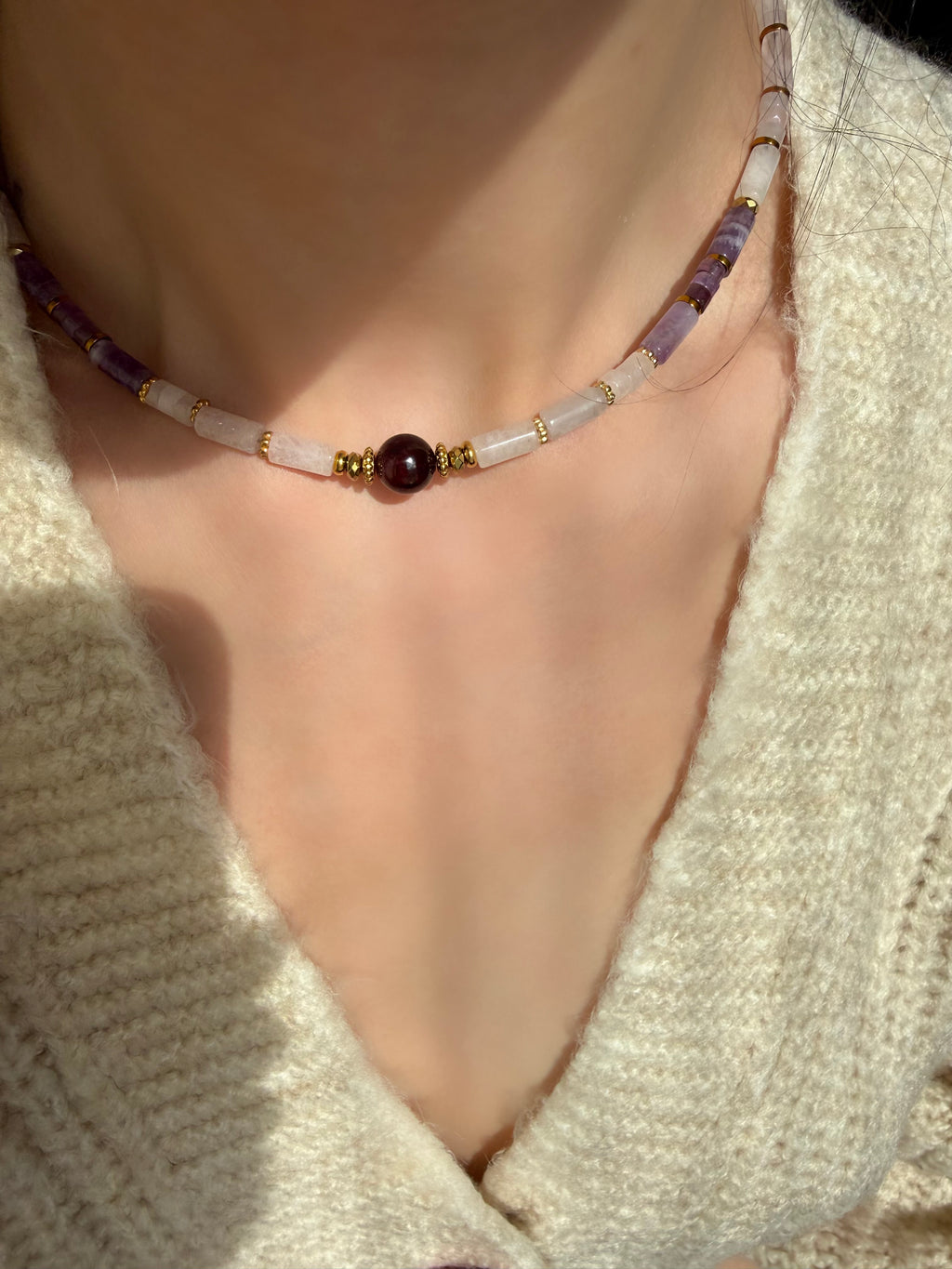 Ametist-Lal-Pembe Kuvars Kolye