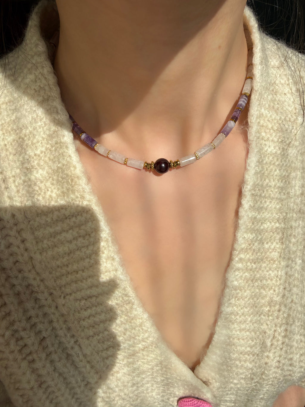 Ametist-Lal-Pembe Kuvars Kolye