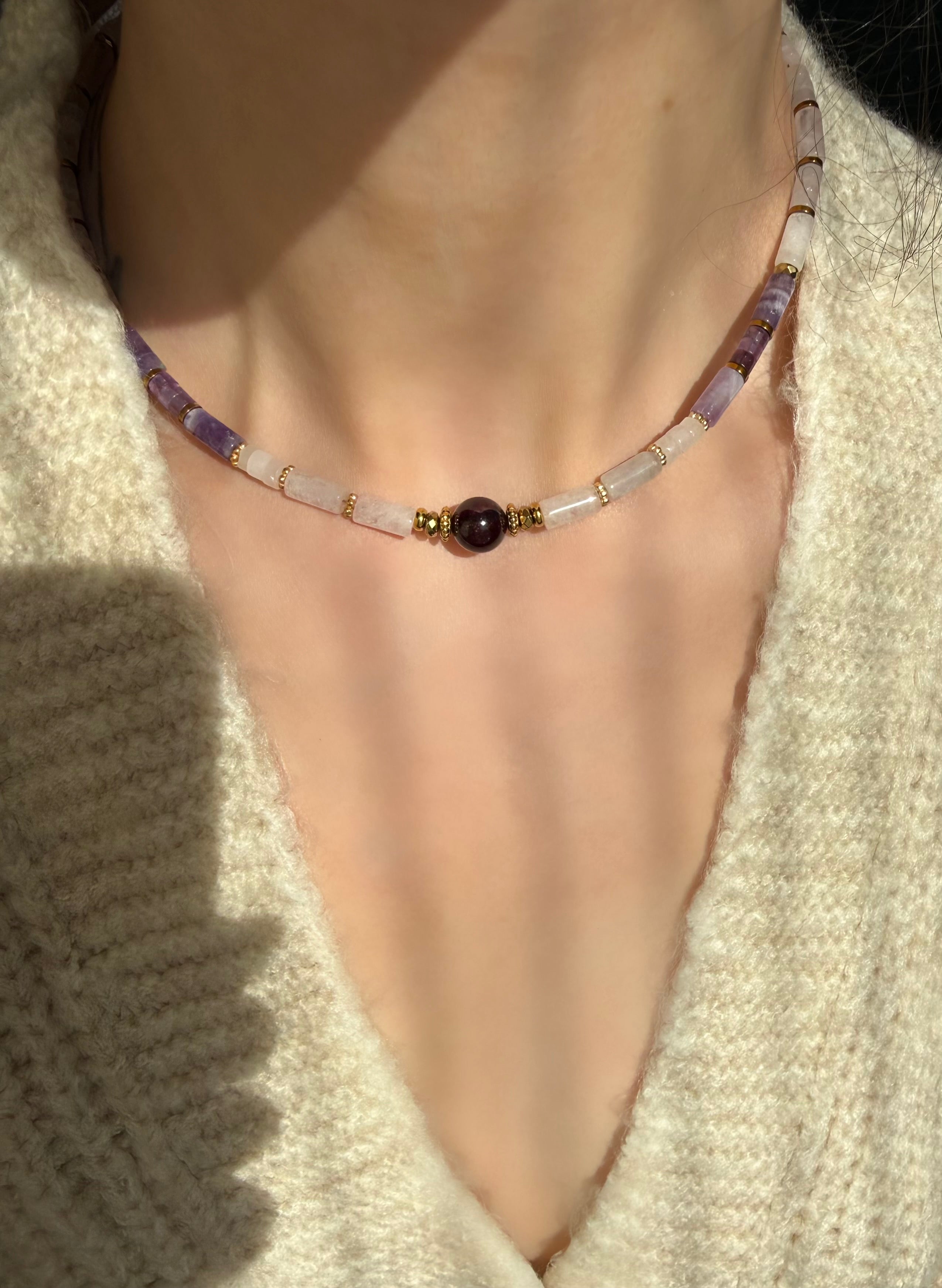 Ametist-Lal-Pembe Kuvars Kolye